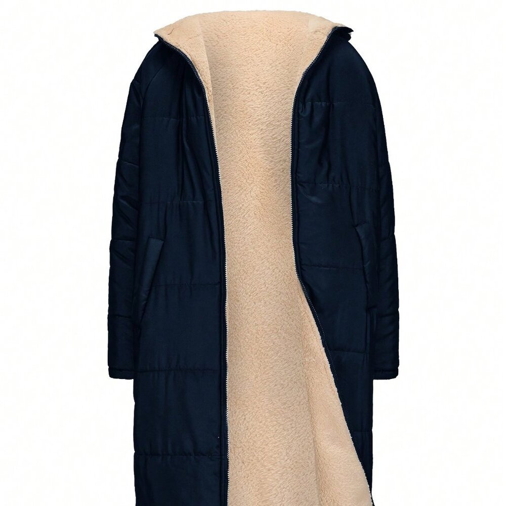 Navy Blue Casual Women's Reversible Hooded Mid-Length Thick Padded Jacket - Picture 4 of 6